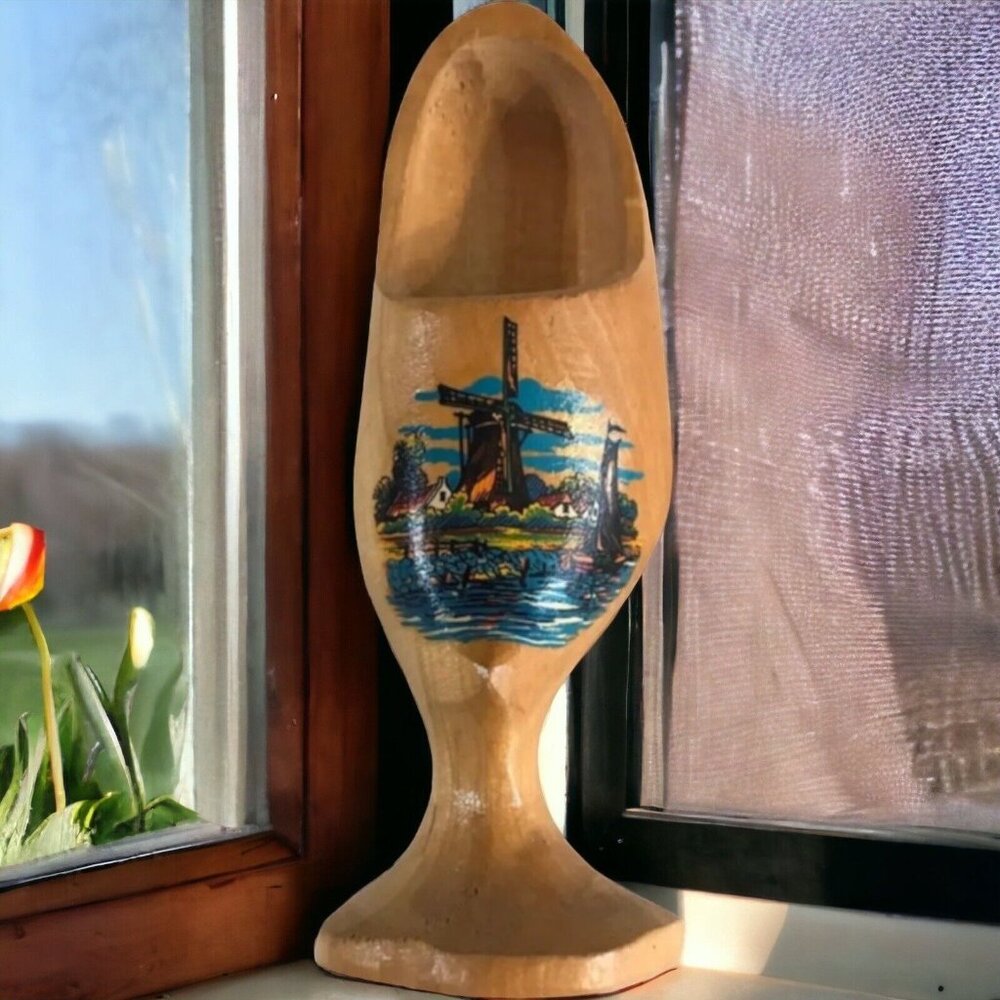 Vintage Carved Wooden Shoe on Stand Retro Kitschy Desk Accessory Dutch Windmill